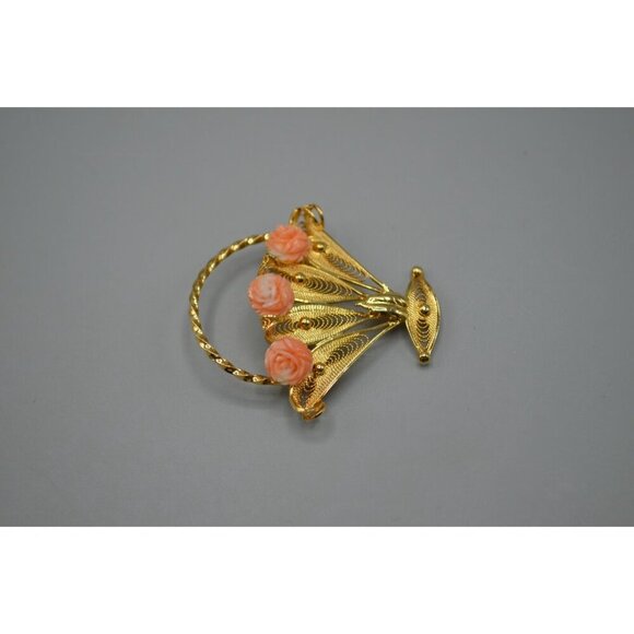 Sorrento Filigree Flower Basket Brooch 1/20 12K Gold Filled Signed Vtg Pin - Picture 4 of 11